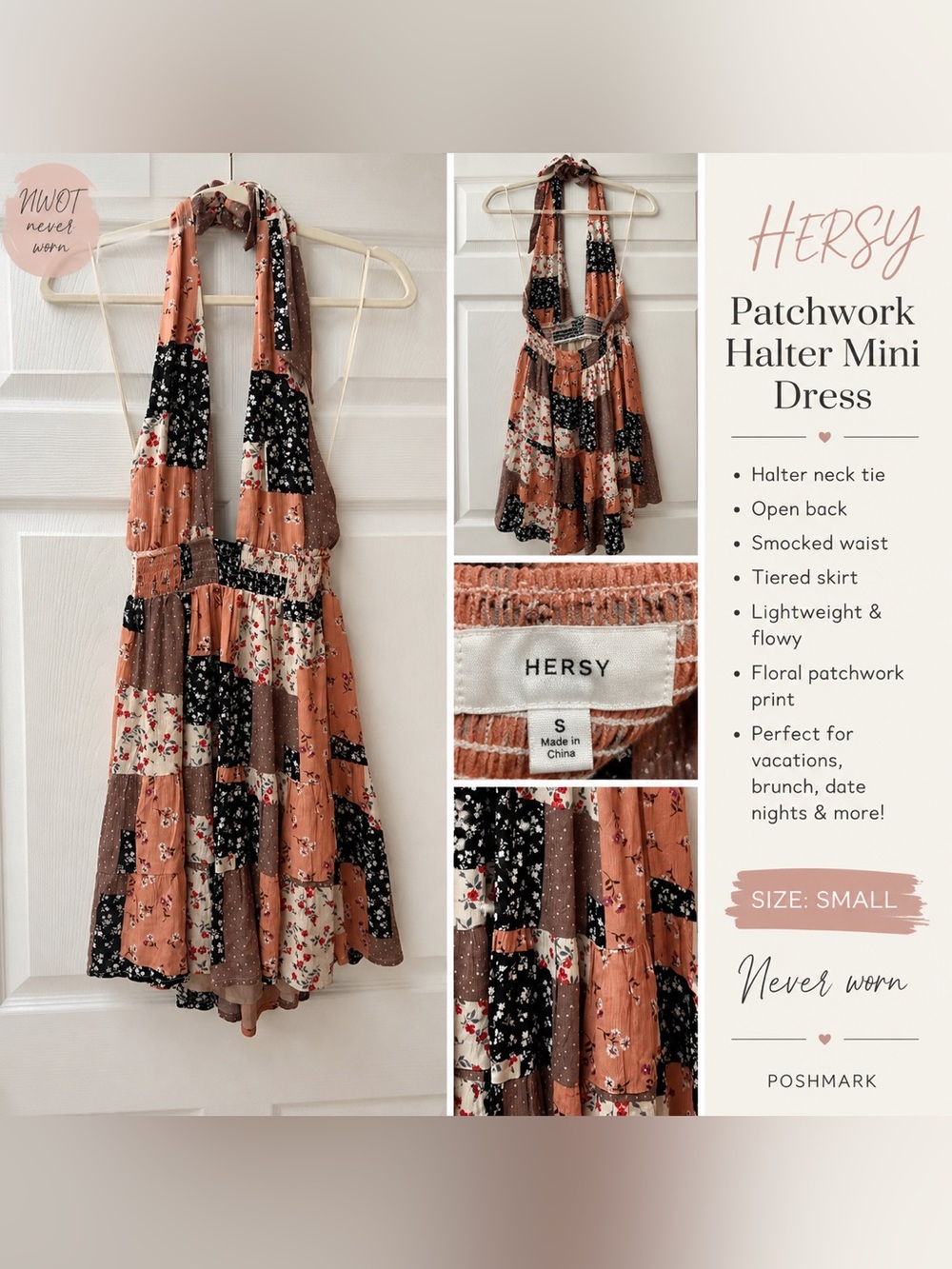 Hersy Patchwork Halter Mini Dress - Rust Floral from NanaMacs